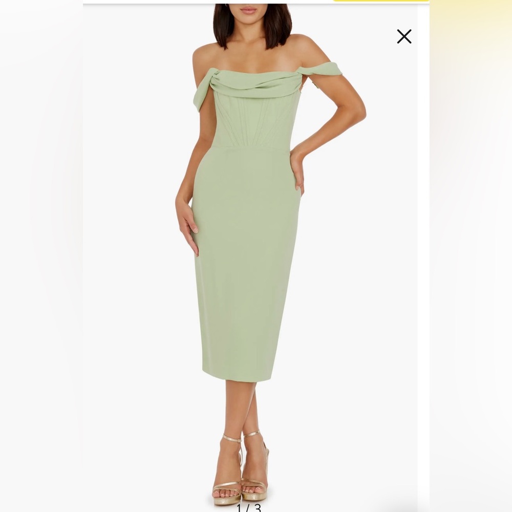 Dress the Population Vickie Off the Shoulder Midi Corset Dress in Sage - Medium